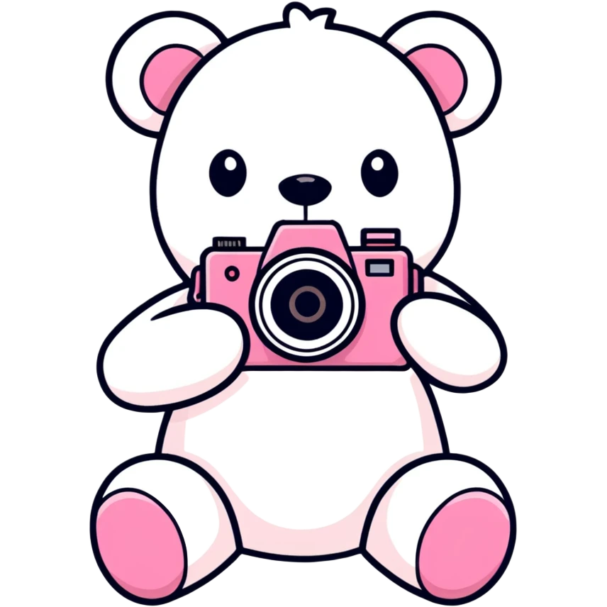 White Teddy bear with a pink camera emoji