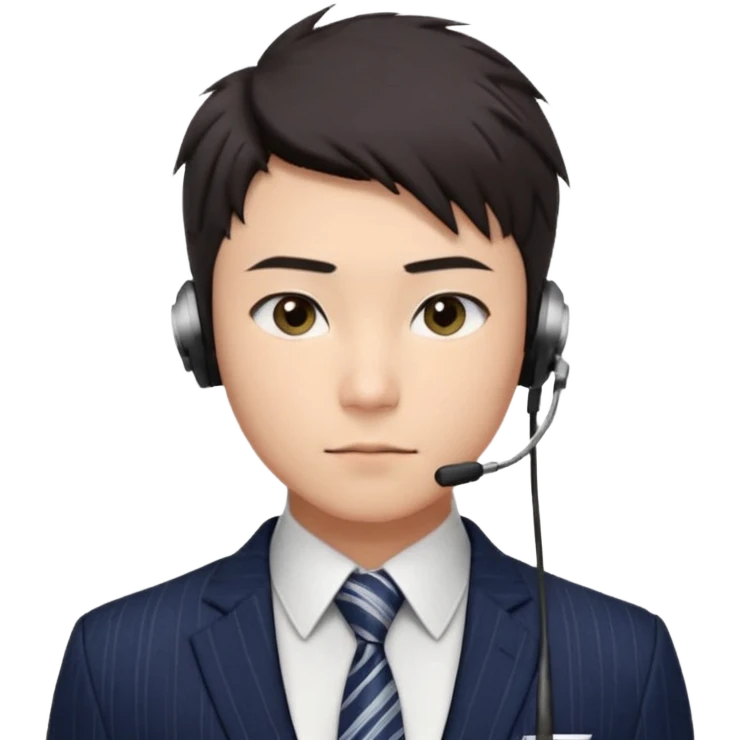 gay young Asian man with light skin, short dark hair styled upward with a sharp spiked swoop in front, slightly narrowed almond-shaped eyes with a confident, knowing squint, very squinty a clean-shaven face, and a sleek single-ear headset, wearing a dark pinstripe suit with a patterned shirt tie emoji