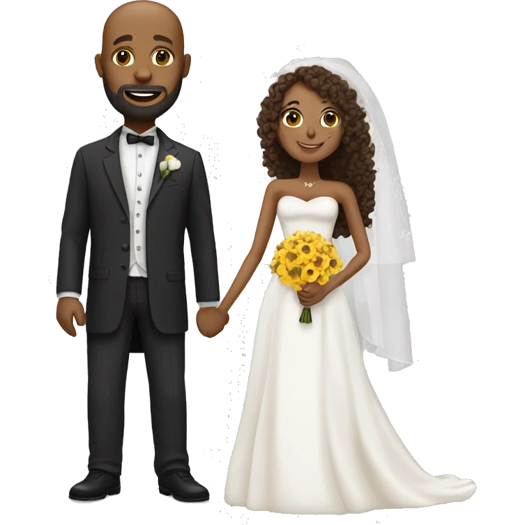 Black bald man with a beard and his wife with long, brown, curly hair on their wedding day emoji
