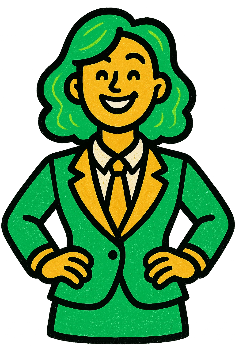 woman in a suit, professional style, green gold and white color scheme, bold and clear, suitable for digital use emoji