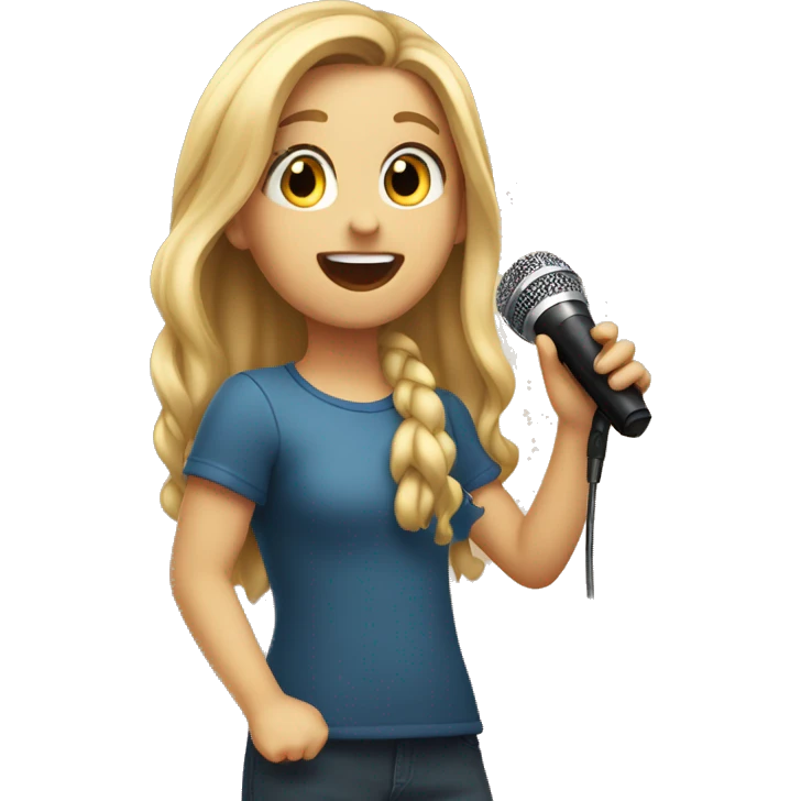 An emoji of a young girl with long blonde hair, holding a microphone and singing passionately, with a joyful expression on her face emoji
