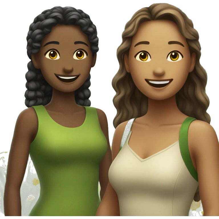 smiling bestfriends in nature with green and yellow dress emoji