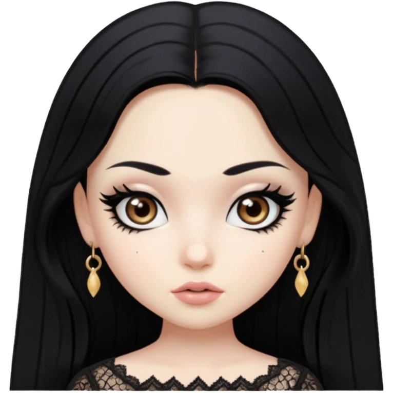 black hair, pretty, BLACK long black hair, pale skin, eyeliner, lace clothes, brown eyes bratz baddie emoji