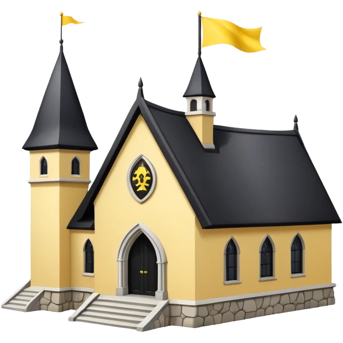 simple magic school, white background, magic school, black roof, with a big flag, big flag on a roof, big yellow flag, white school emoji