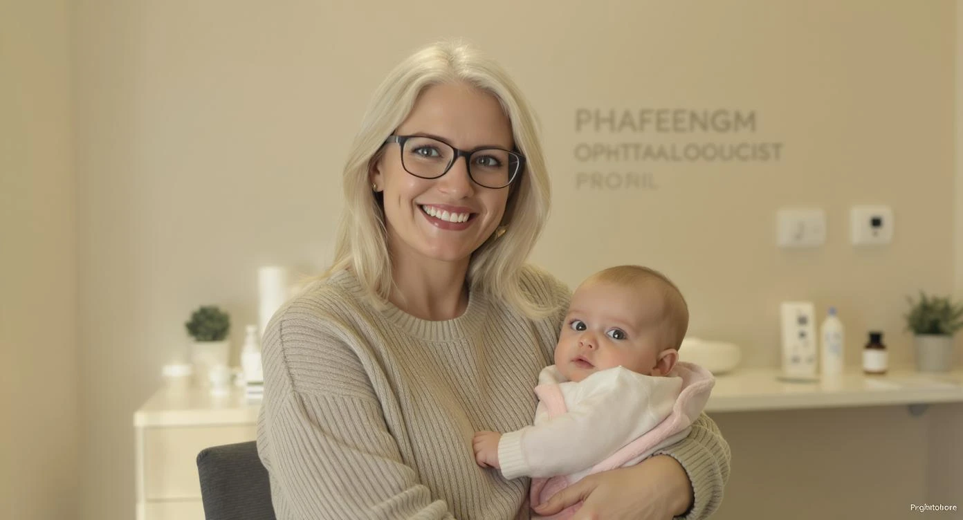 Cinematic still, Proffesional advertising of a smiling european white woman with glasses smiling holding baby, minimalistic ophthalmologist interior in background, leading  lines, "rule of thirds", 60/30/10 colors, soft light, warm colors emoji