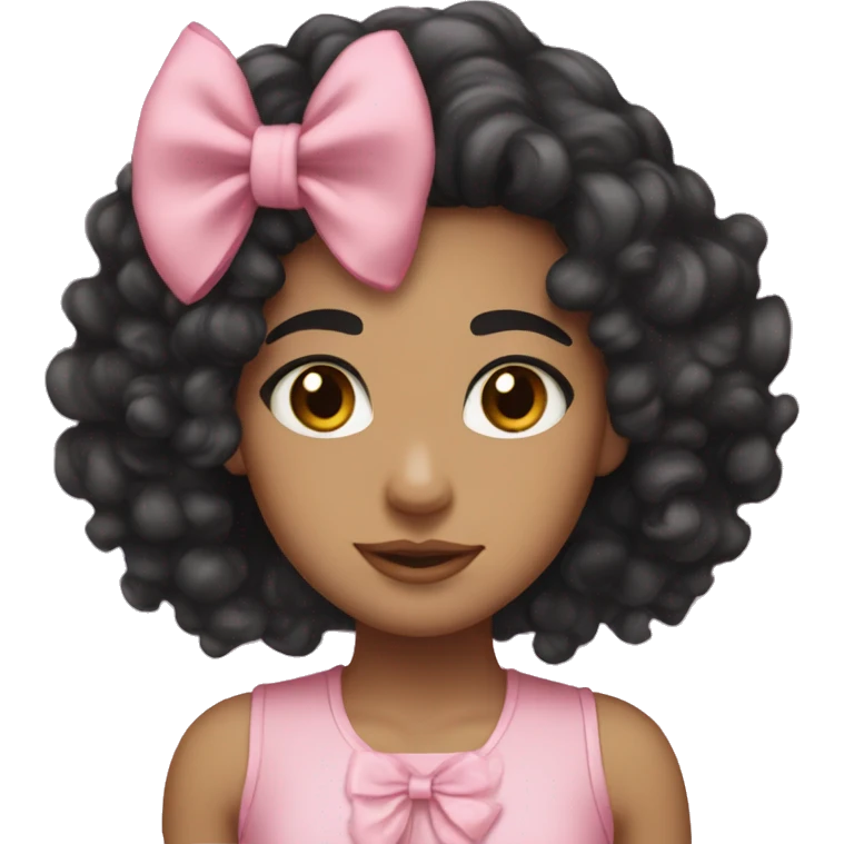 light skin curly black hair brown eyes pink bow emoji