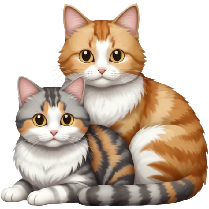 full body colourful light patched calico + white tabby cat cuddling a big grey and white tabby cat  emoji