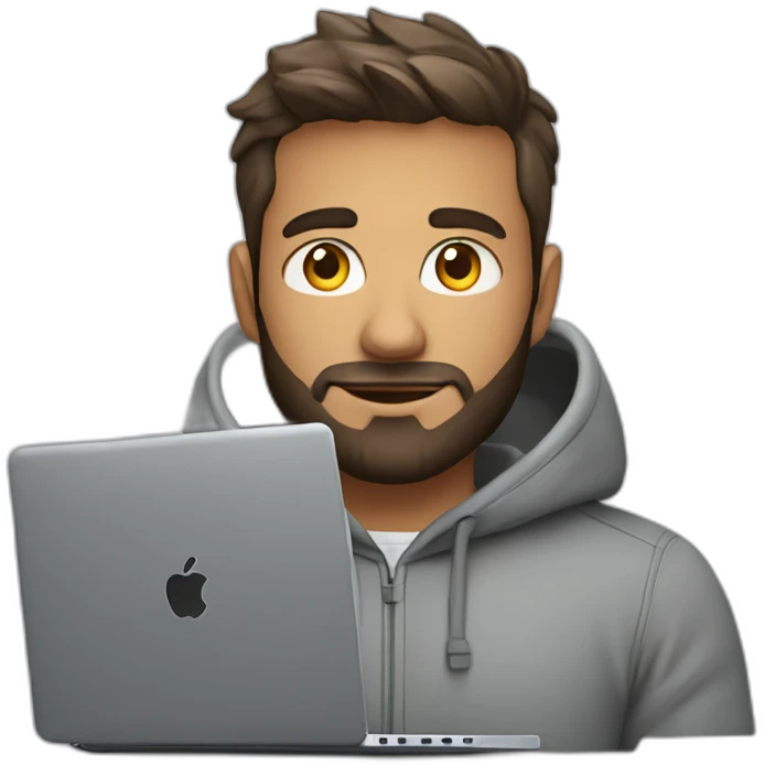 A project manager in a gray hoodie and with a short beard in front of an apple laptop emoji