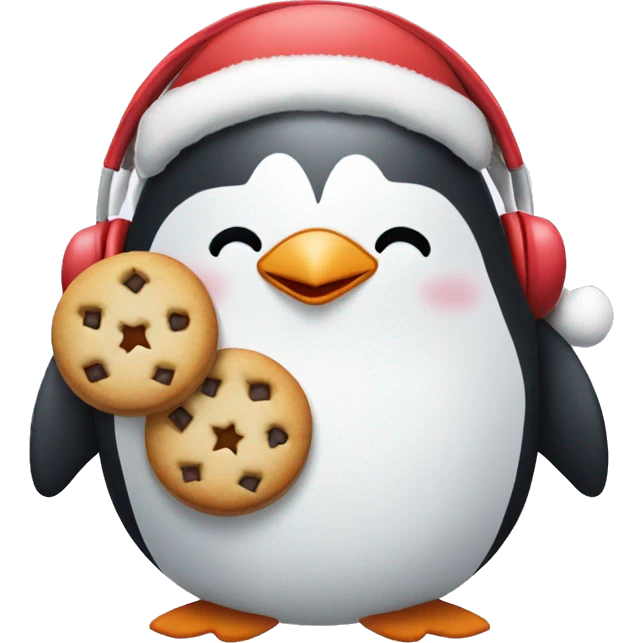 Penguin holding Christmas cookies with earmuffs  emoji