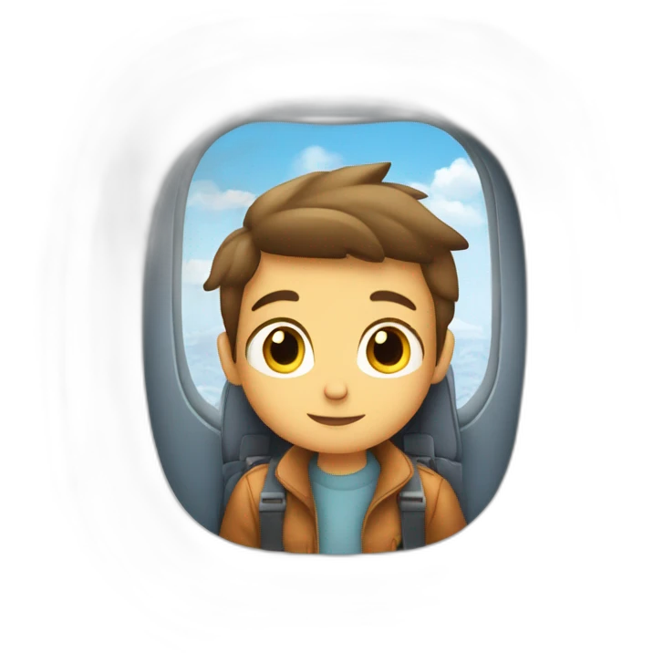 a kid boy sitting down an airplane passenger seat looking trough an airplane window emoji