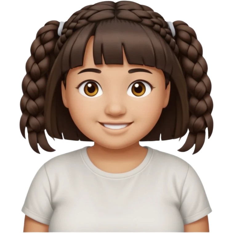 20 year old woman with tan skin, dark brown hair in low braids, blunt cut bangs, chubby face, brown eyes, smiling without teeth showing, white tee shirt emoji
