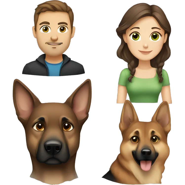 man with brown hair and blue eyes, woman with brown hair green eyes and a german shepard emoji