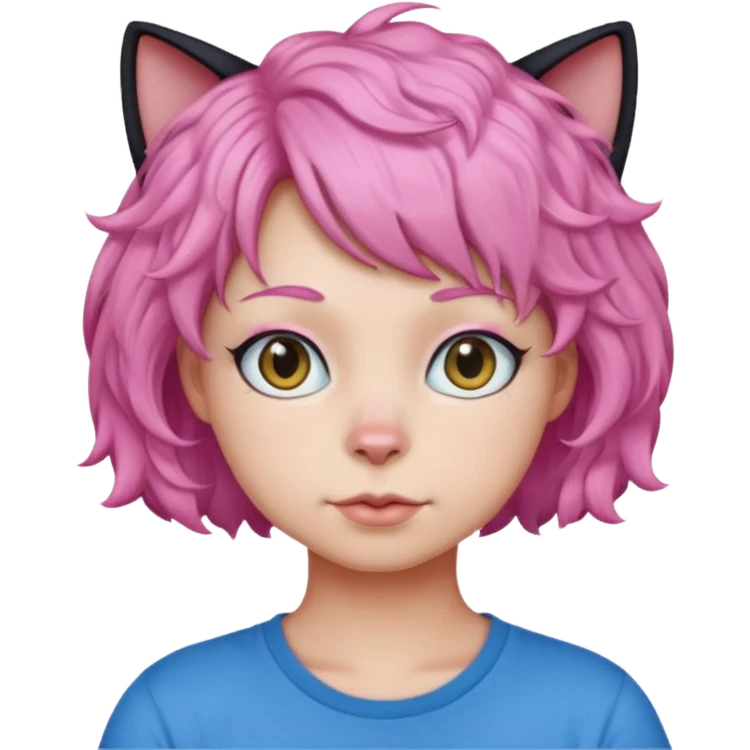 a Black cat wearing a short curly pink hair wig, blue T-shirt emoji