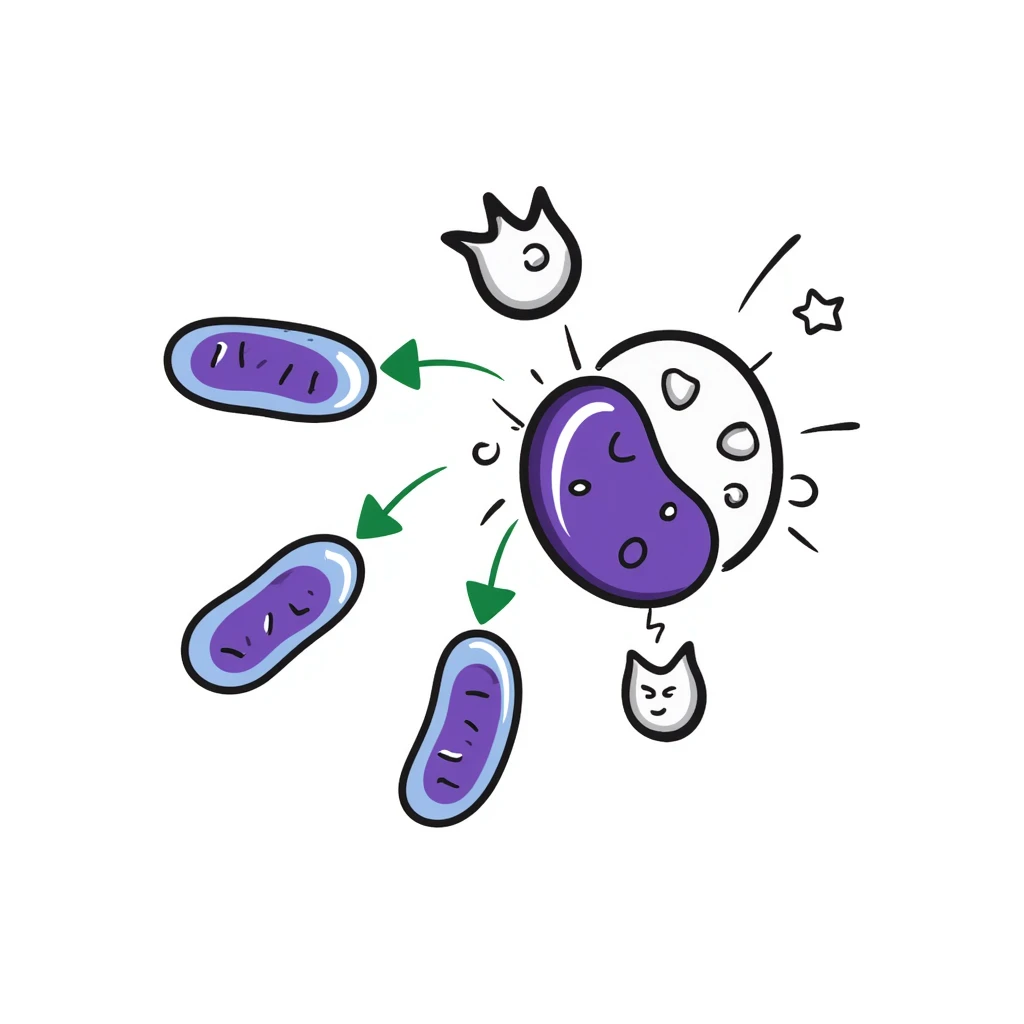 Antimicrobial action diagram: purple bacteria with detailed cell structure being attacked by blue shield-shaped antimicrobial molecules. Green arrows showing points of attack on cell wall and membrane. Hand-drawn scientific illustration with color-coded components. emoji
