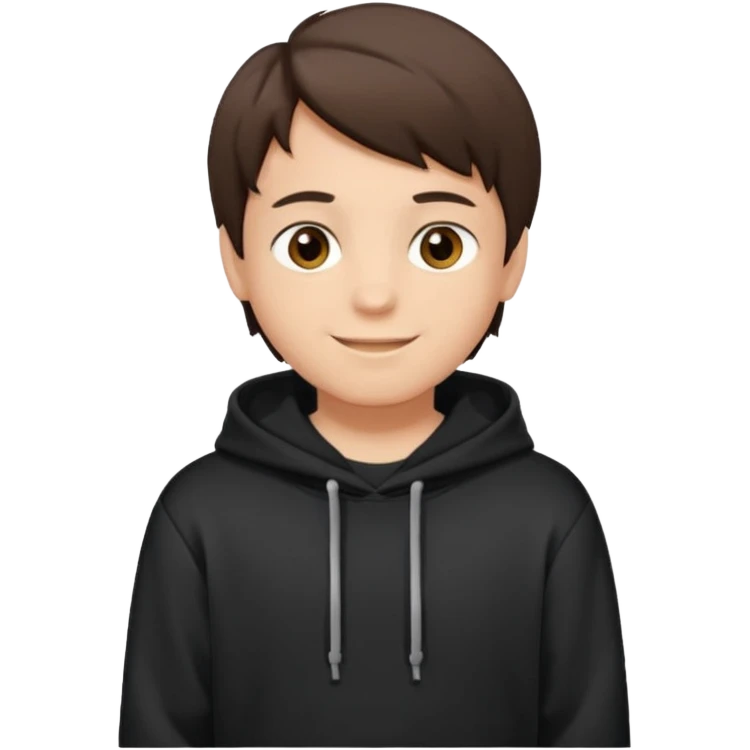A brunette boy, short straight hair, light brown eyes, with a black sweatshirt with a hoodie, and smile  emoji