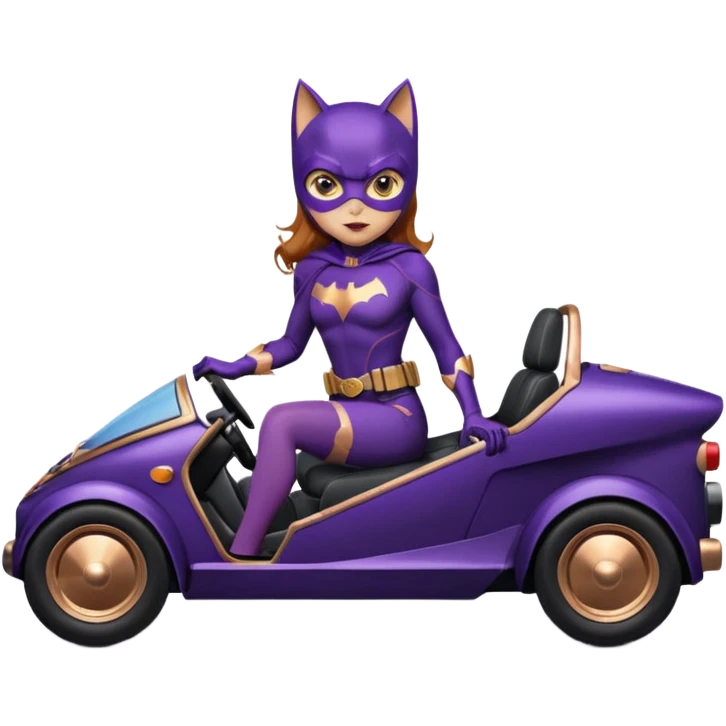 Hot full size real-appearance racing action BatGirl’s midnight purple tights sixty’s tv show 1992 stealth retro cat burglar sporty petite off-road pursuit mobile cruiser car rose gold accents (reclined and relaxed seating position and attitude) emoji