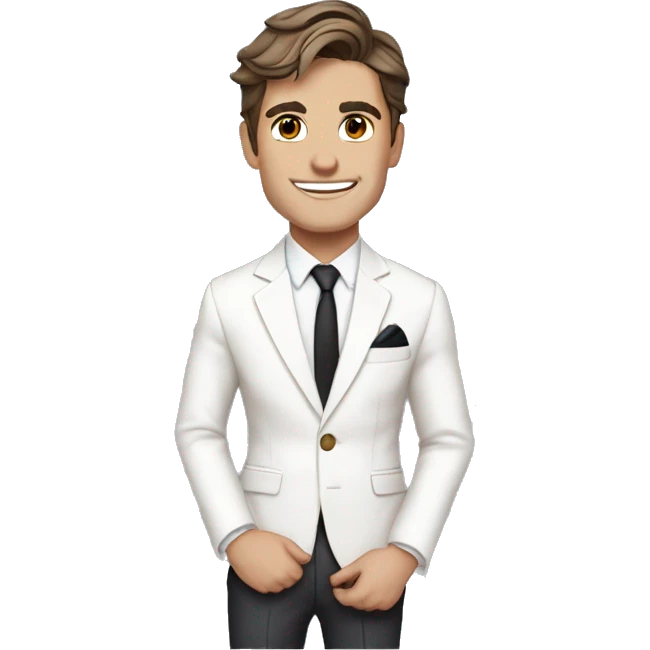 One simple, cute, emoji of Antoni Porowski from Queer Eye in a white suit and a white tie. Dark brown hair emoji