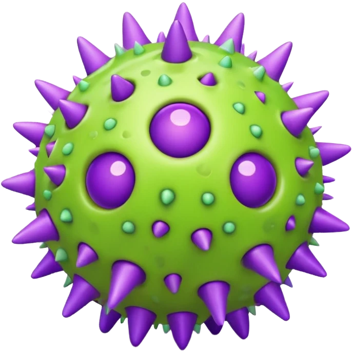 A cute but grumpy 3D render icon of a virus. A spherical shape covered in rounded mushroom-like spikes. Glossy plastic material, cartoonish style. Color palette: bright slime green and purple spikes. Soft studio lighting. Isolated on a solid light background. Minimalist design. emoji