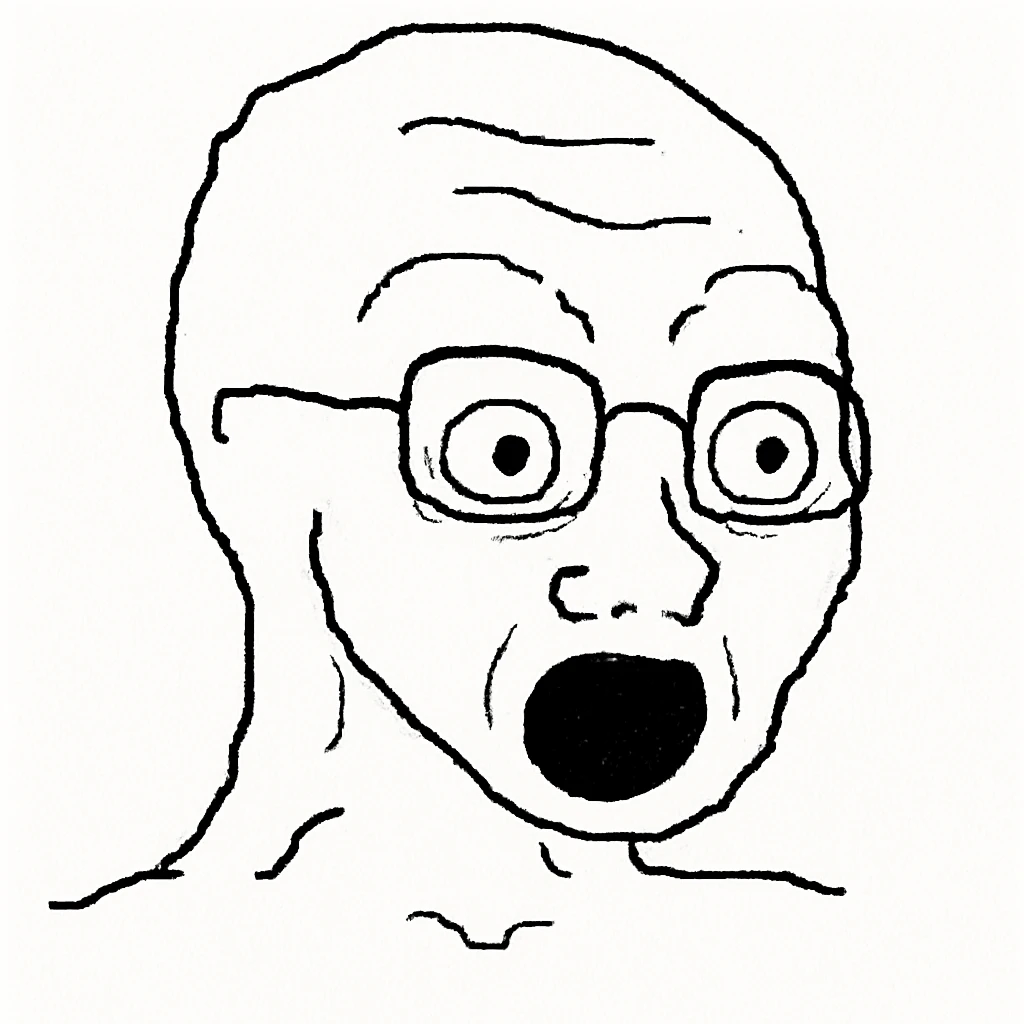 Wojak meme face, surprised expression, wide eyes, simple line art emoji