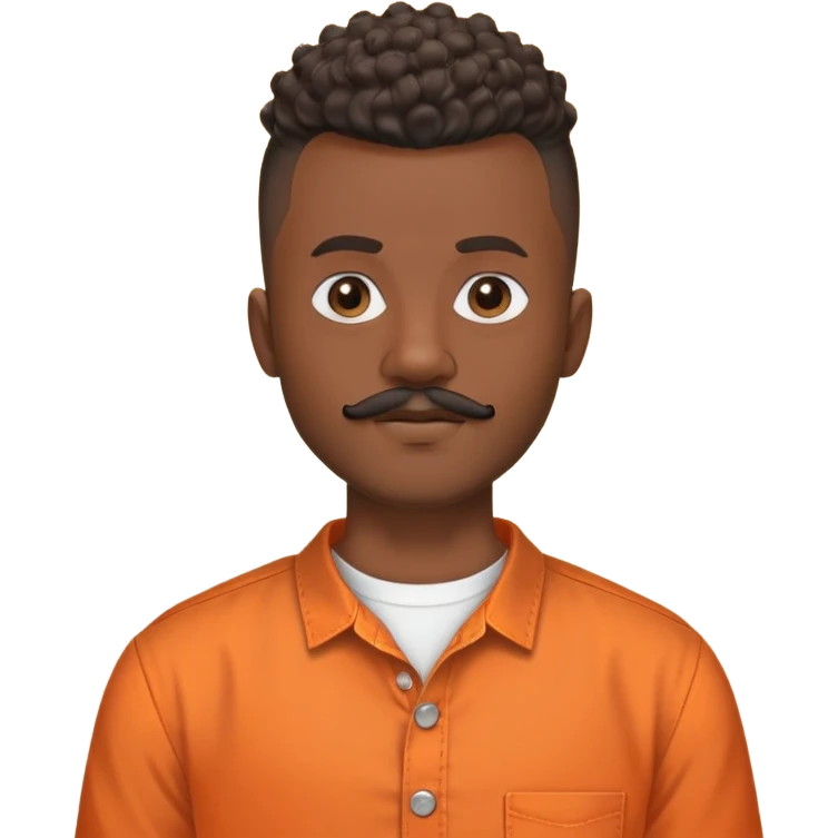 i need a black man with a mohawk in the center and a blad from sides and a beard and a moustache be should be wearing an orange button up shirt with no collar and a round neck and he should be balck and the hairs should be curly emoji