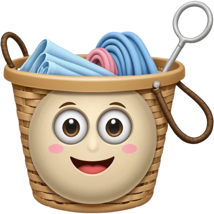 Laundry basket with magic wand and eyes and a mouth emoji