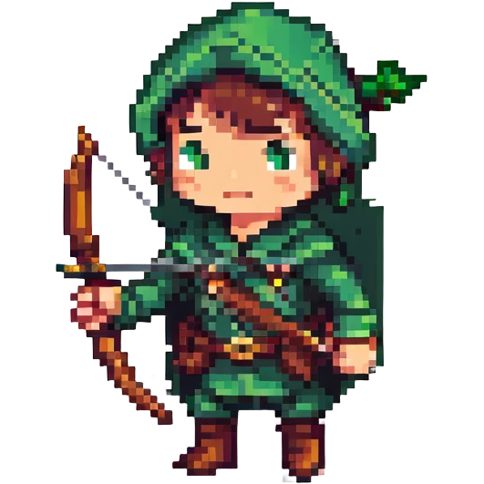 Robin Hood, classic English folk hero, green outfit and bow, pixel art style emoji