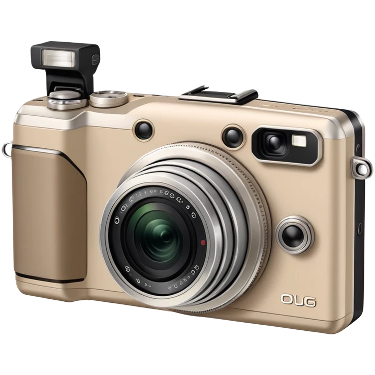 Minimalist beige Olympus Superzoom 70G camera, simplified clean design, basic rectangular shape with minimal details, just enough to identify as Olympus Superzoom 70G, flat style emoji