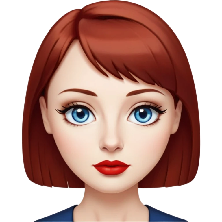 Creative 40-something woman with fair skin, oval face, striking blue eyes with dark eyeliner, thin eyebrows, small nose, full lips with bright red lipstick, dark auburn hair with straight bangs, slight age lines, wearing an elegant black blouse, artistic expression emoji