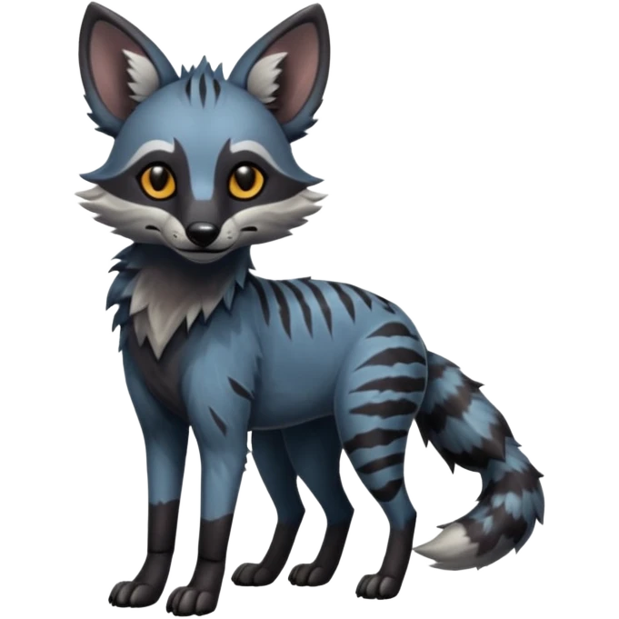 Realistic edgy bluish greyish blackish whitish silvery coppery Shiny Colorful Dusky Dark Gloomy Glossy Aardwolf-Maned-Wolf-Genet-Bobcat-fusion-animal-hybrid-creature, full body emoji