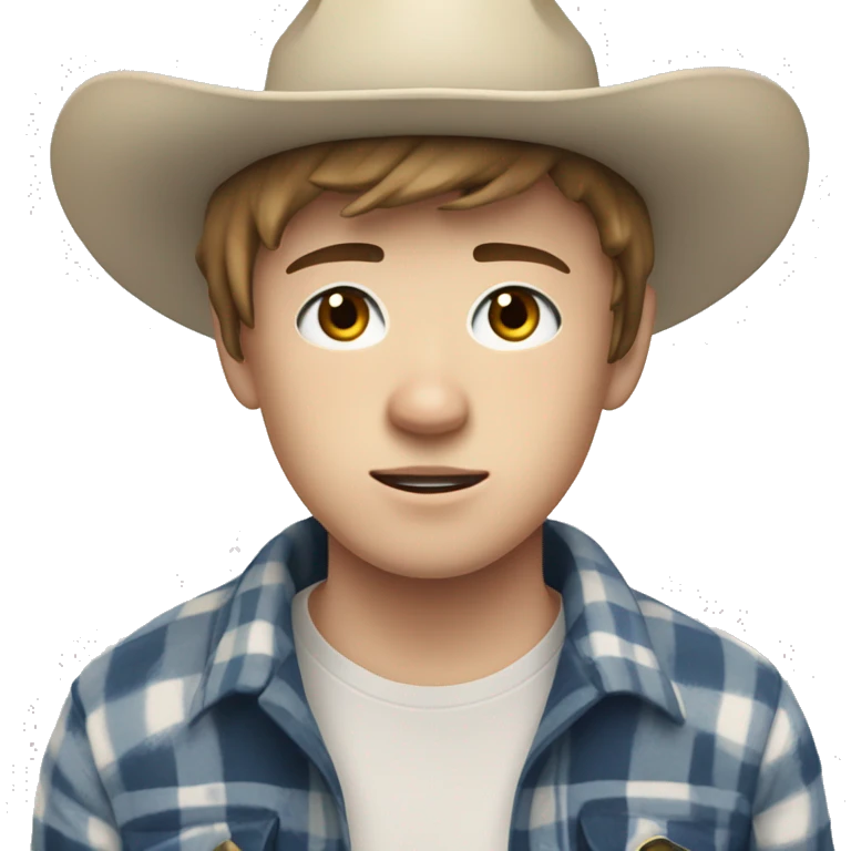 Teenager boy with freckles, white skin, blue and white flannel, hair to his shoulders and a sided fringe, white eye bandage and sheriff hat emoji