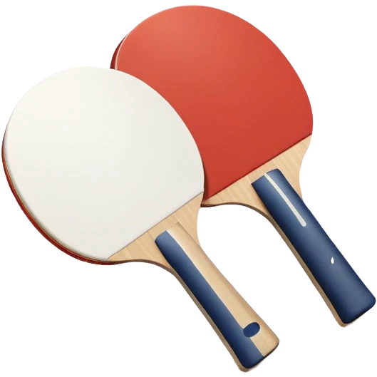 Two table tennis paddles crossed over a ping pong ball, placed on a smooth, reflective table. The background suggests a clean, minimalist playing surface, capturing the precision and fast-paced nature of the sport. emoji
