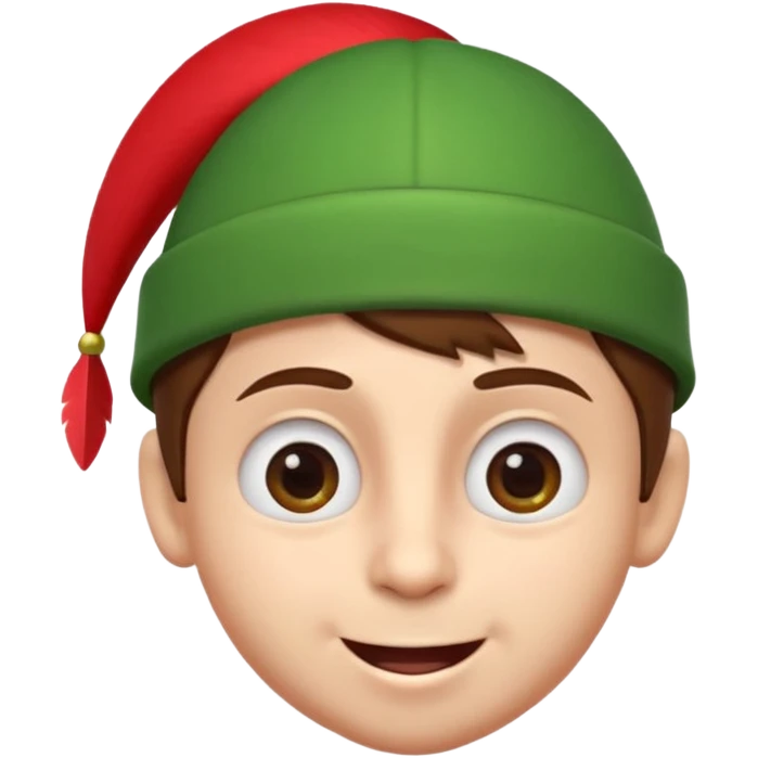 A cute 3D emoji head of a mischievous cartoon boy, fair skin, big expressive eyes, thick eyebrows, smiling with a slightly open mouth, brown hair, wearing a green pointed cap with a red feather, smooth emoji