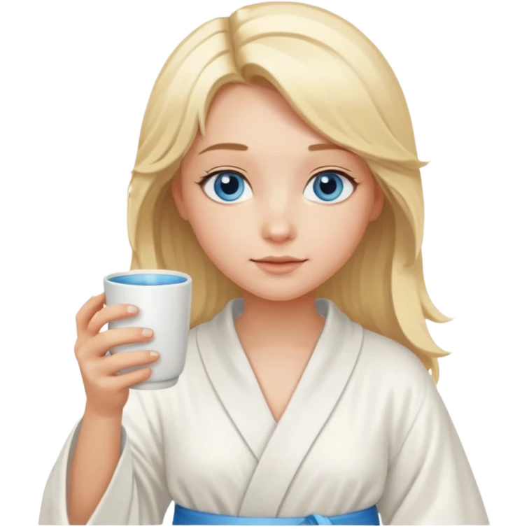 angelic blonde girl with middle length hair and blue eyes holds a cup in a robe emoji