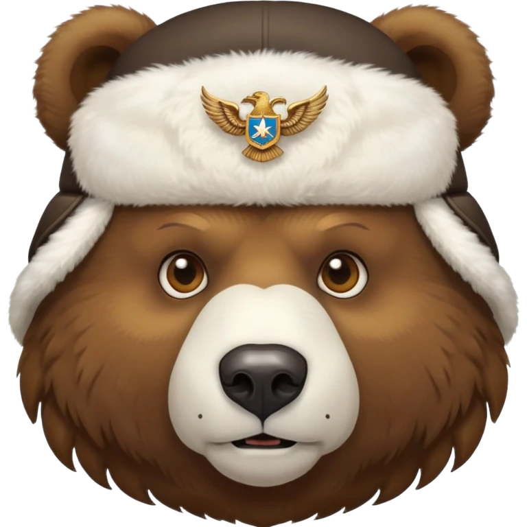 Brown bear head face wearing white fluffy ushanka with detailed Russian double-headed eagle emblem centered on front, iOS emoji style emoji