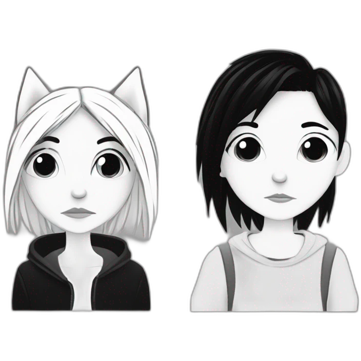 a dog and a dark-haired girl with spiky hair looking at each other in style of ((sarah andersen)), black and white emoji