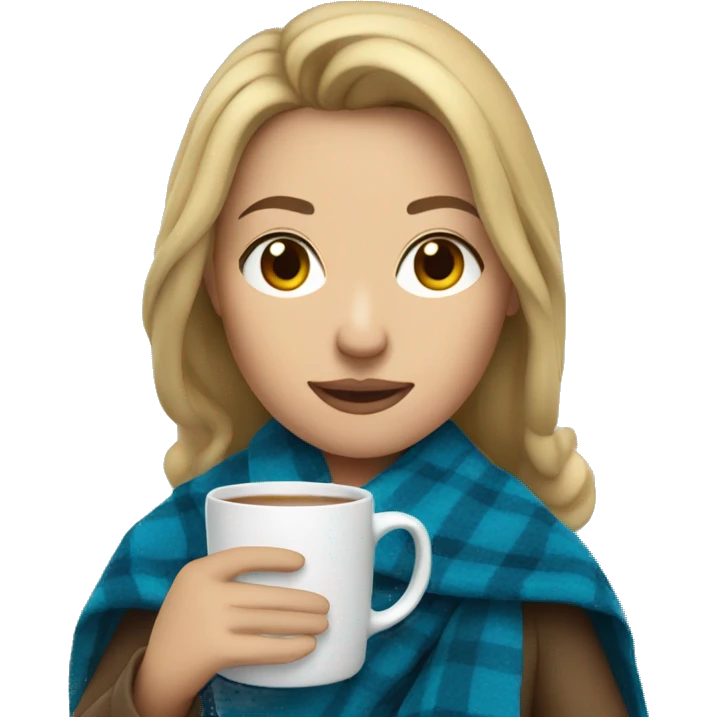 Dark blonde hair woman with blue fall blanket holding mug emoji