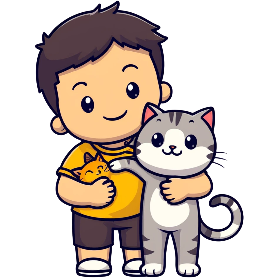 A smiling boy hugging a friendly tabby cat emoji