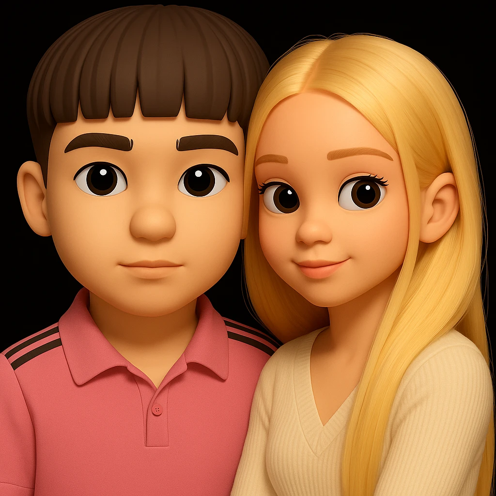 Combine both people from the provided images into one high quality 3D emoji style composition, keeping realistic details and harmonious placement in a single image. The style should resemble a 3D emoji with realistic features and depth. emoji