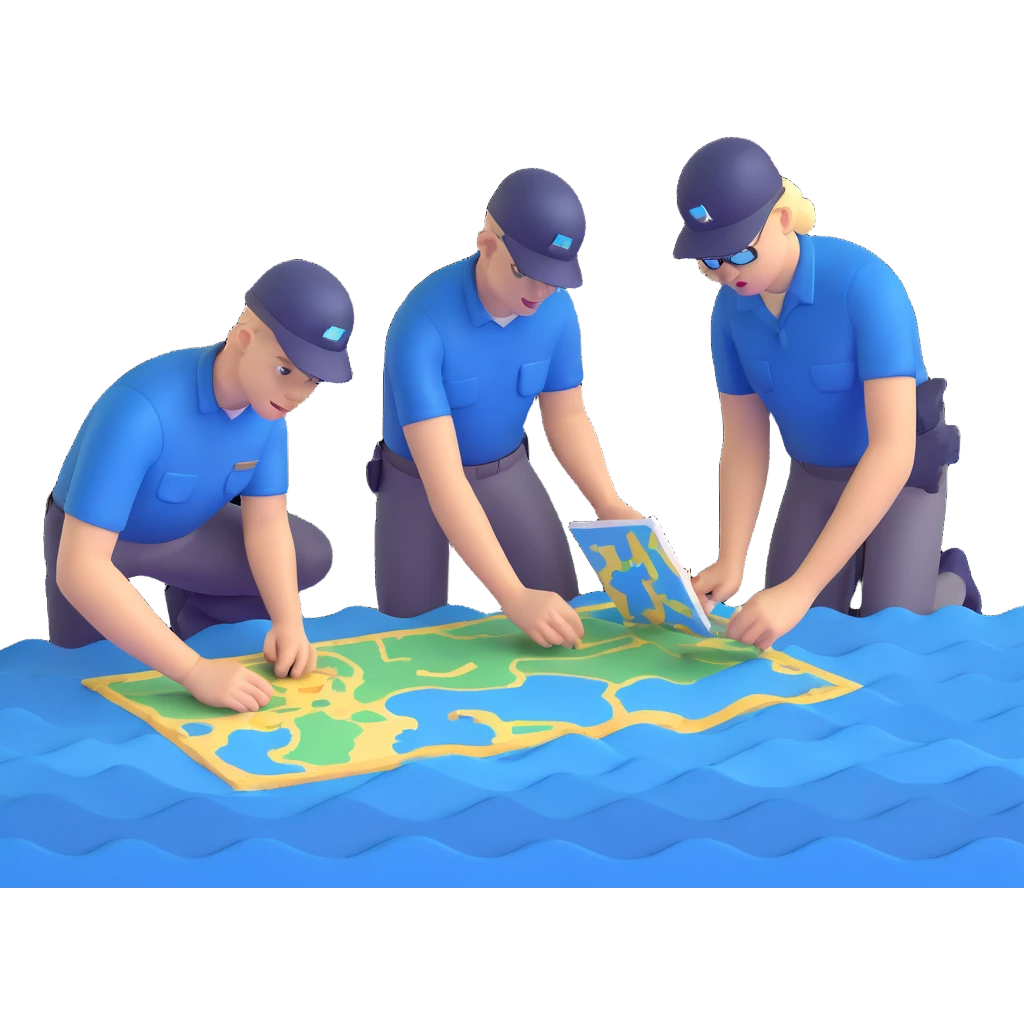 Team of marine geologists examining 3D maps of underwater terrain created from sonar data emoji