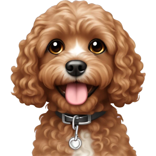Cute cavapoo thats brown with curly hair and a Charlie collar  emoji