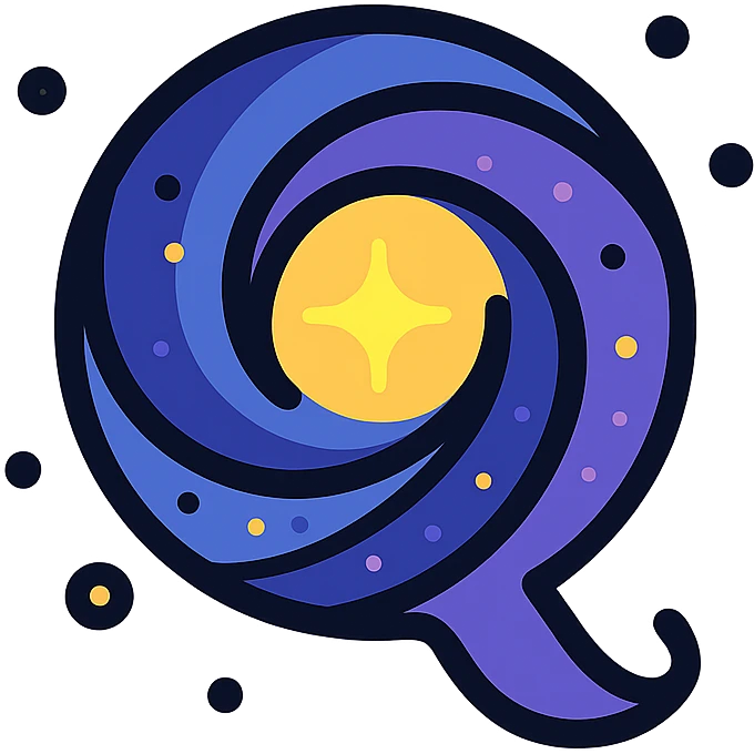 stylized letter Q formed from a swirling quasar, bright light, cosmic particles, modern icon look emoji