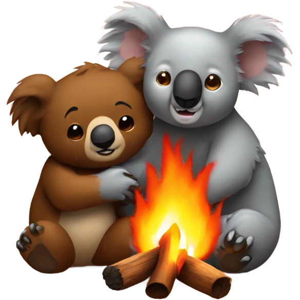Koala snuggles with brown bear around a fire emoji