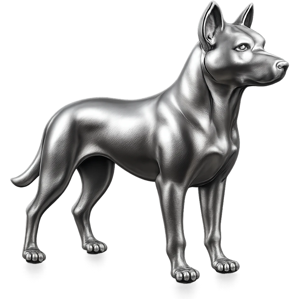               Apply a high-end, photorealistic metallic chrome material to the provided {subject}. The material should have a smooth, slightly curved surface with subtle reflections and soft shadows, resembling brushed or polished silver metal. Preserve the exact shape, proportions, and design of the original object. Set it against a solid black background (#000000) in 8K resolution. The lighting should enhance the beveled edges and reflective highlights, creating a sleek, premium finish. {subject} = dog emoji