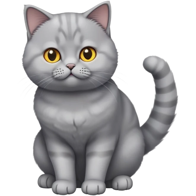 cinematic-[British shorthair cat]-realistic-full-body-sitting-emoji,-tail-curled-playfully-around-its-paws,-head-tilted-dramatically,-fluffy-[grey]-fur,-simplified-yet-hilariously-adorable-features,-highly-detailed,-glowing-with-an-almost-sarcastic-glow emoji