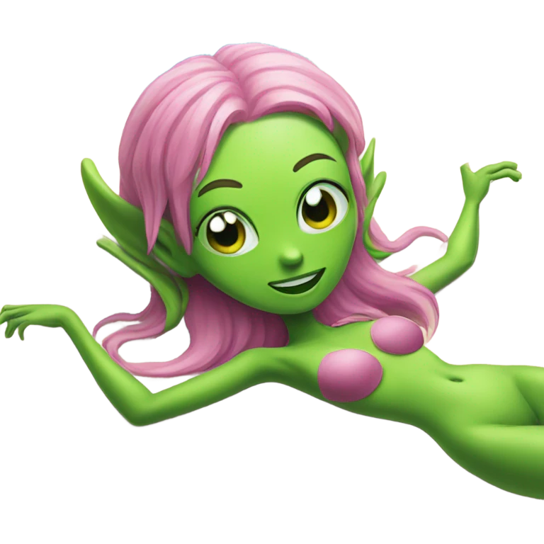 a green alien woman pink air, laying on the beach emoji