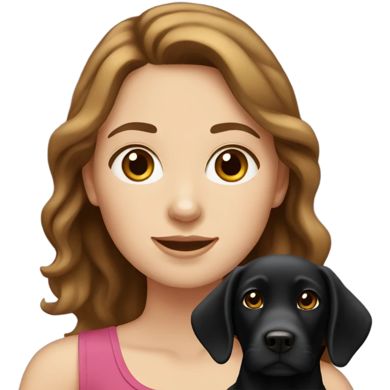 White girl with wavy brown hair holding a black Labrador emoji
