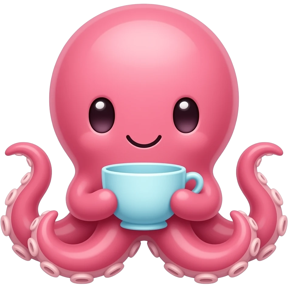 Cute octopus sitting low, holding a glass teacup, front-facing whimsical pose emoji