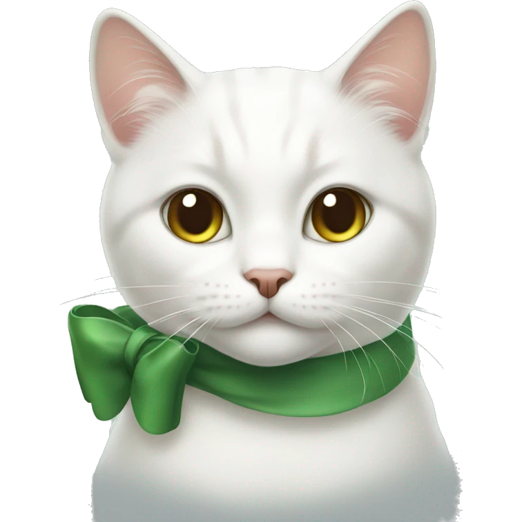 White cat, brown eyes, green bow on its head emoji