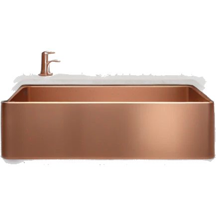 Realistic front facing lavender kitchen counter with rose gold sink. emoji