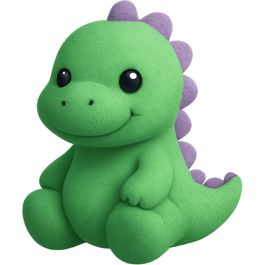 A plush dinosaur with friendly features, round eyes, and soft spikes along its back. The dinosaur has a chubby body and tiny arms. emoji